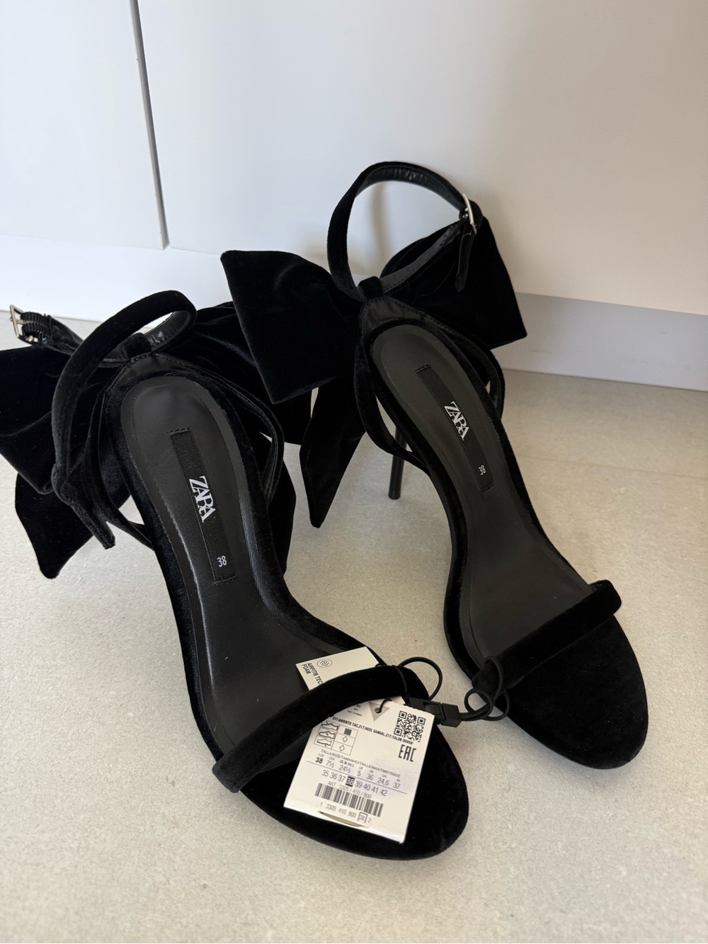 Zara Black Velvet Bow Ankle-Strap Stiletto Heels
